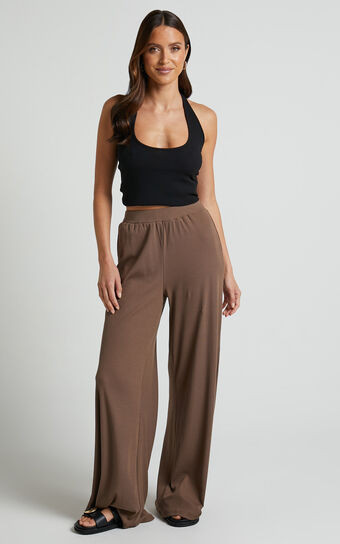 Amalthea Pants - High Waisted Jersey Rib Wide Leg Pants in Mocha | Showpo (US, UK & Europe)