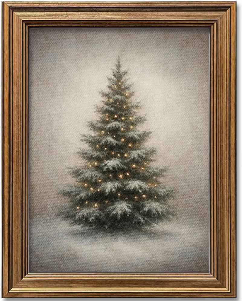Gold Framed Vintage Christmas Tree Canvas Wall Art Farmhouse Rustic Pine Tree Winter Print Botani... | Amazon (US)