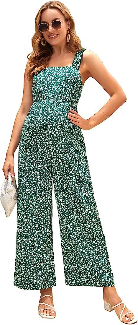 OYOANGLE Women's Maternity Boho Spaghetti Straps Sleeveless Ditsy Floral Print Wide Leg Long Pant... | Amazon (US)