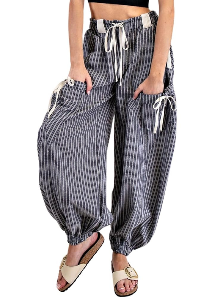 Women Drawstring Striped Pants Loose Wide Leg Casual Lounge Pants with Pockets | Amazon (US)