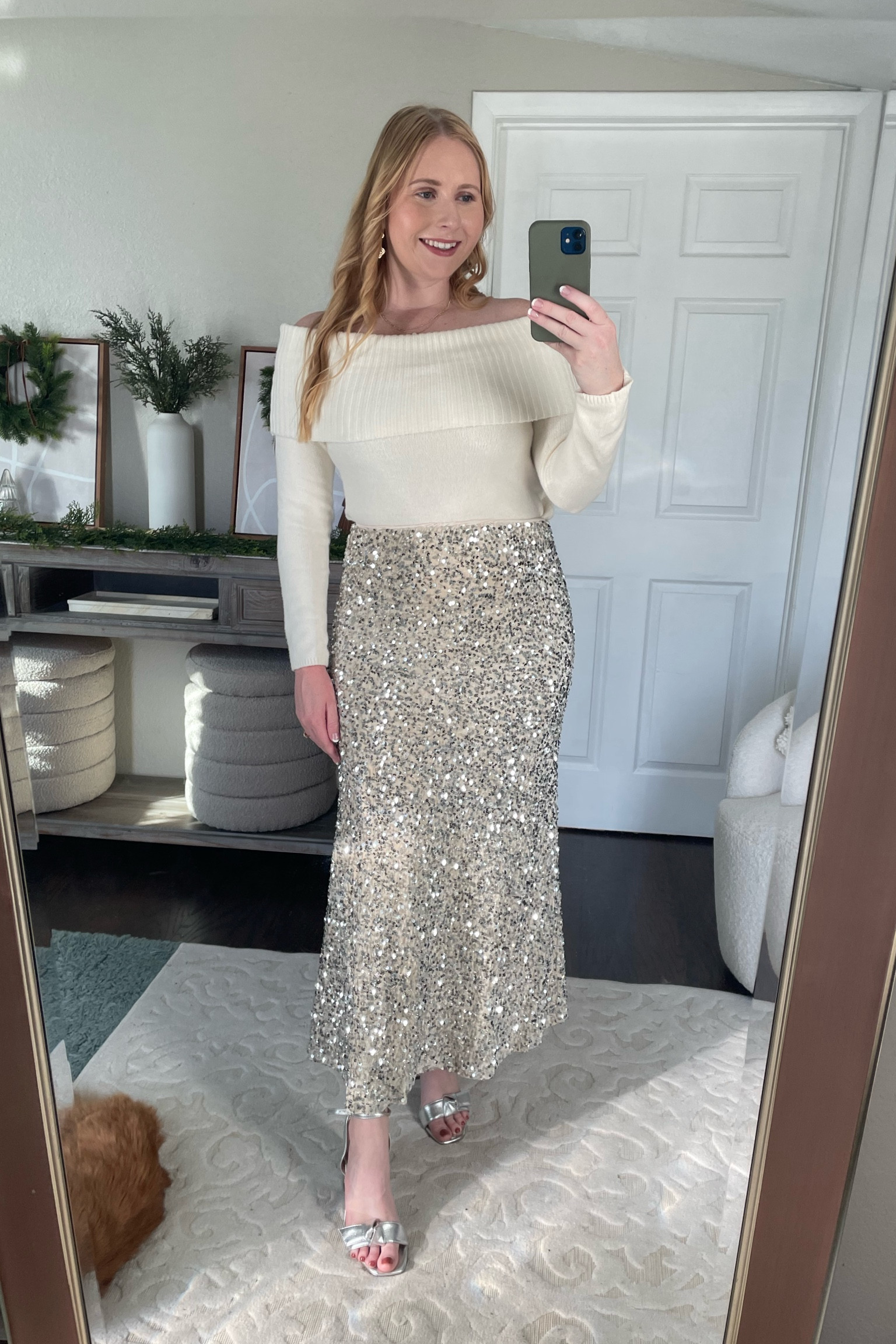 🚨 40% off Everything at Old Navy!! This off the shoulder sweater is a must have !!! So chic and affordable! Size down for a fitted look. Paired with a sequin midi skirt (size medium) - holiday outfit Inspo, holiday outfits, sequin skirt 

#LTKSeasonal #LTKHoliday #LTKsalealert
