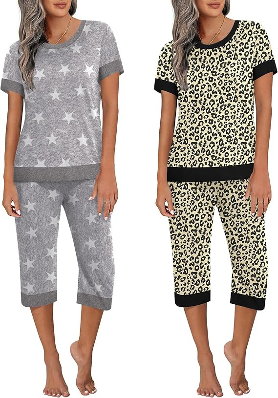 Ekouaer Women's Pajama Sets Short Sleeve Sleepwear Round Neck Pj Loungewear Top and Capri Pants w... | Amazon (US)