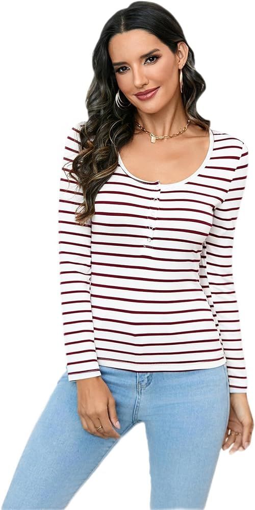 SweatyRocks Women's Casual Long Sleeve Ribbed Knit Button Henley Striped T Shirt | Amazon (US)