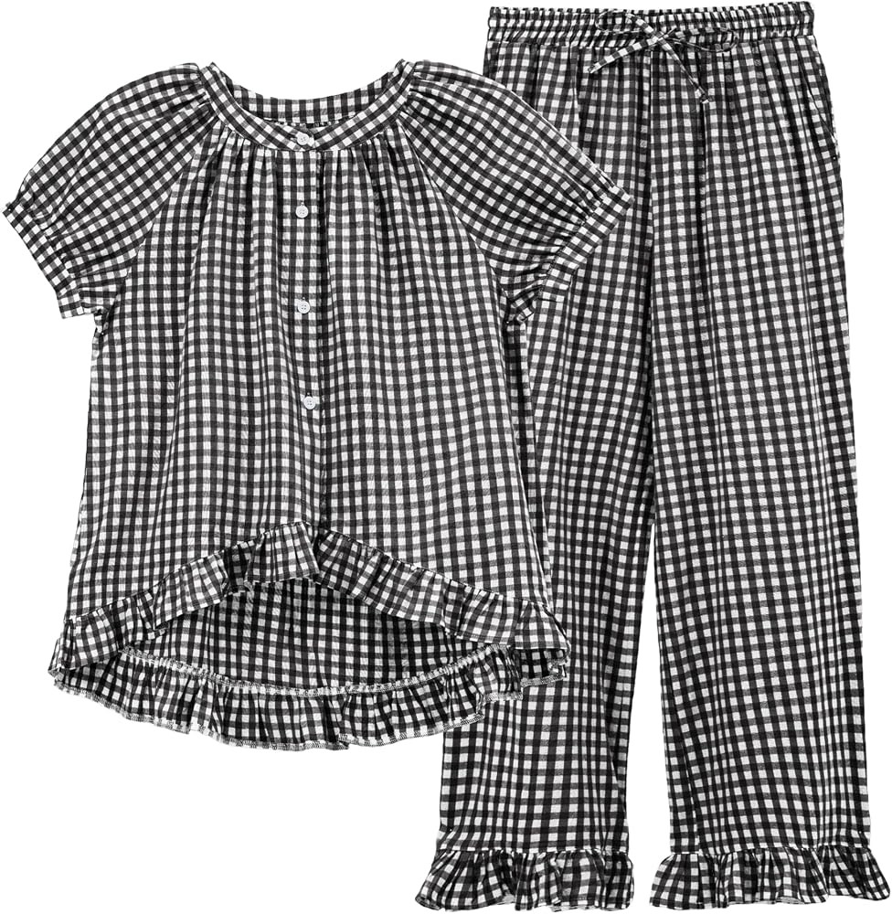 Tanming 2 Piece Sets for Women Gingham Button Down Short Sleeve Tops Ruffle Plaid Pants Pajamas L... | Amazon (US)