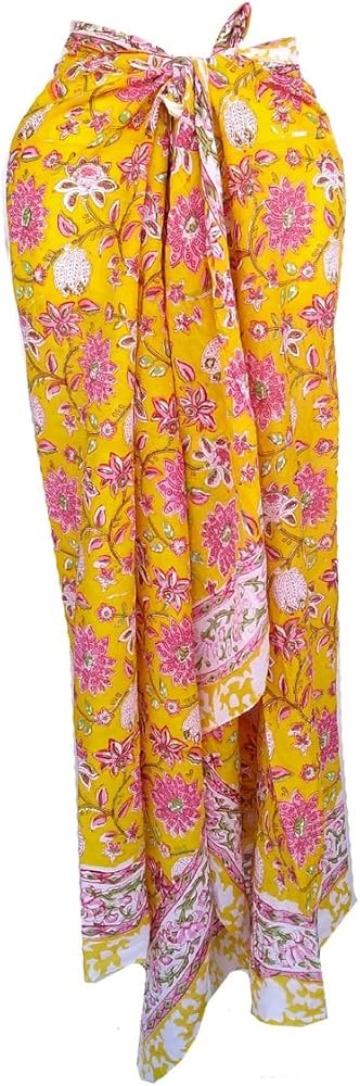 100% Cotton Hand Block Print Sarong Womens Swimsuit Wrap Cover Up Long Womens Apparel Fabric (73"... | Amazon (US)