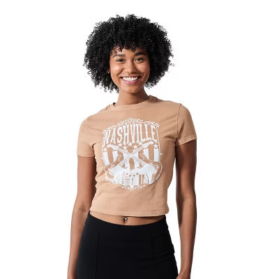 Nashville Guitars & Cityscape Women's Brown Crew Neck Short Sleeve Baby Tee-Medium | Target