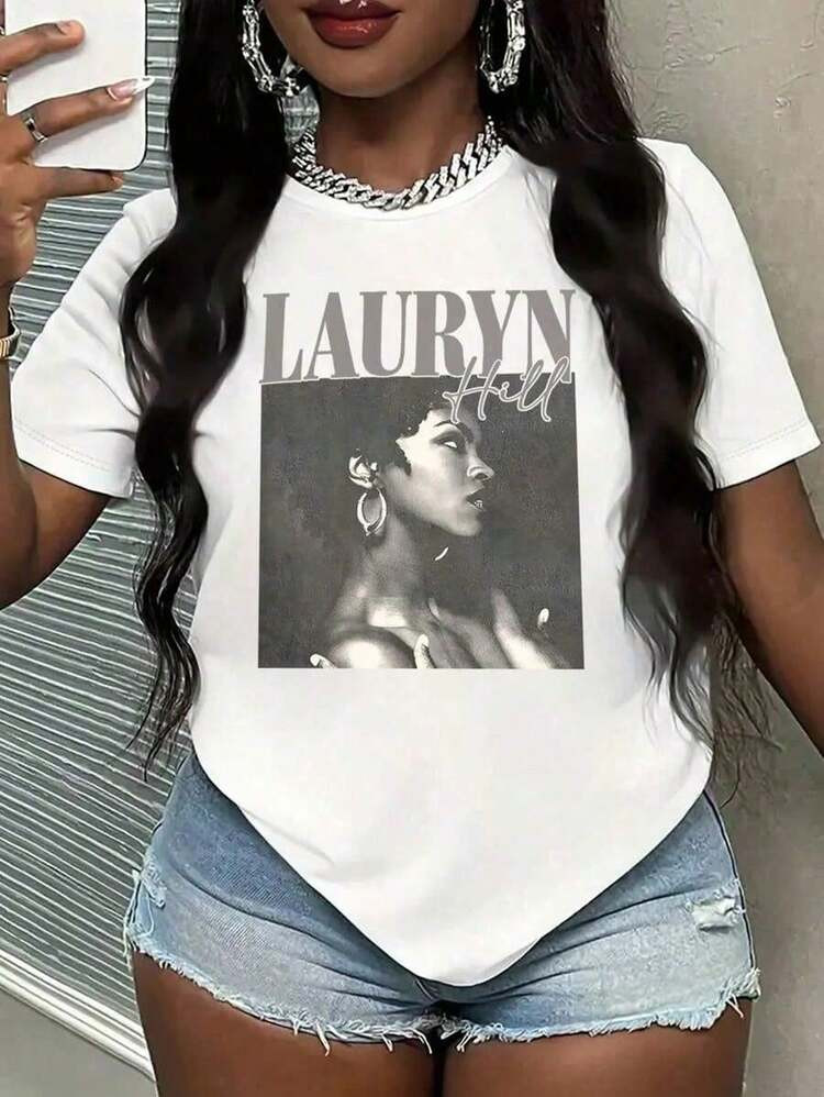 Plus Size Women T-Shirts,Lauryn Hill Graphic Shirt ,(1 Pcs )100% Cotton Casual Printed T-Shirt,Crew Neck Short Sleeve,220g Cotton T-Shirt,For ,Gift,Summer,Unisex100% Cotton Round Neck T-Shirt_Vintage Retro Black White Line Art Print Office Casual Crewneck Tee | SHEIN