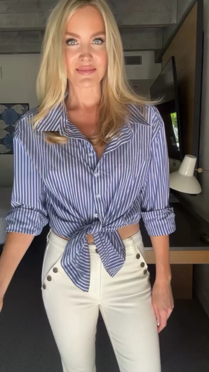 If I could live in one outfit all summer, this might be it. White denim, a striped button-down, and simple accessories.