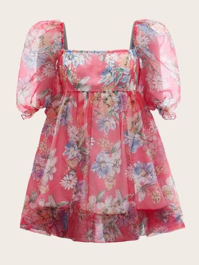 SHEIN Floral Print Square Neck Puff Sleeve Organza Dress | SHEIN