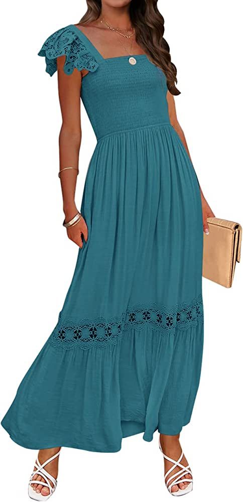 ZESICA Women's Summer Lace Strap Sleeveless Square Neck Smocked High Waist Ruffle Hollow Out Flow... | Amazon (US)