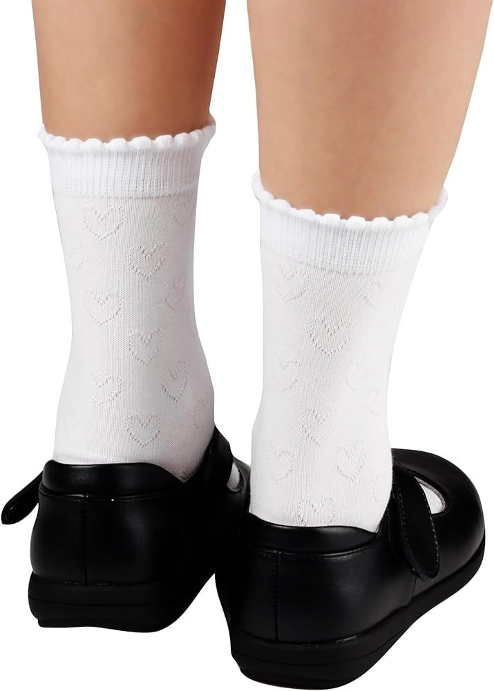 COTTON DAY Girls White Dressy Textured Short Socks Scallop Top Design 5 Pack | Amazon (US)