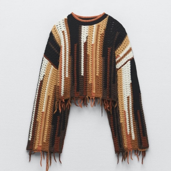 Zara fringe sweater brown bohemian cropped size medium new | Poshmark