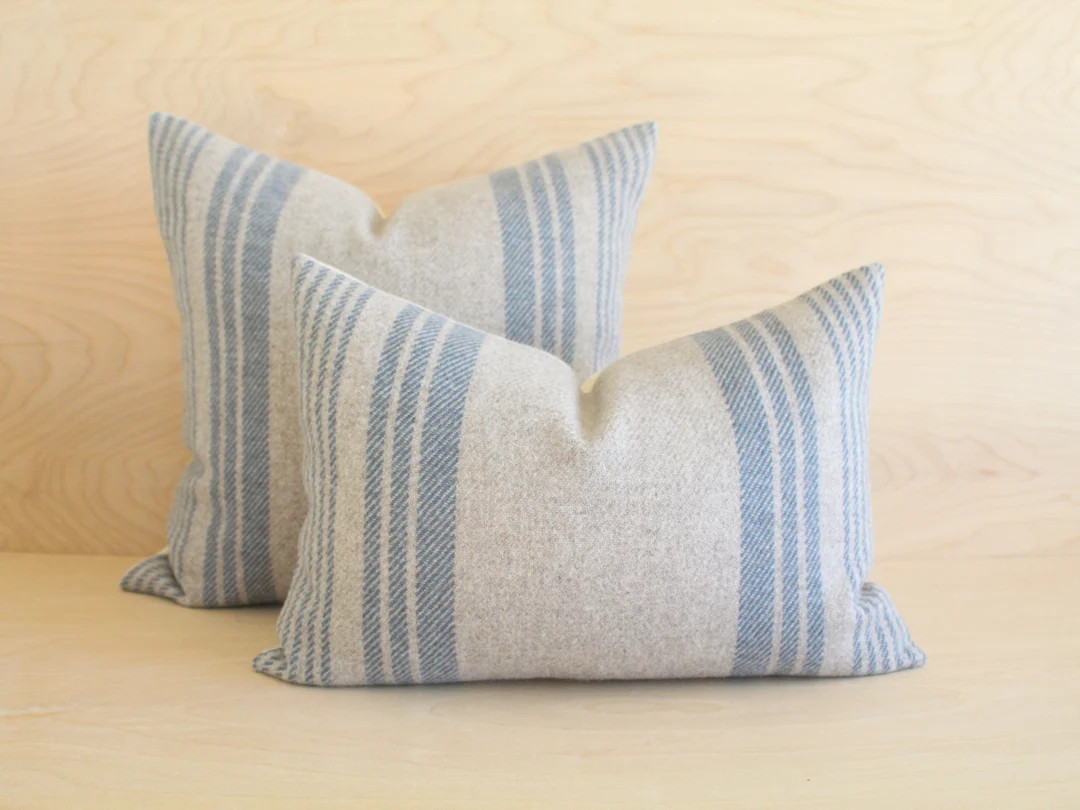 Taupe Irving Stripe Wool Pillow Cover, Blue Striped Pillow Cover (Made to Order) | Etsy (US)