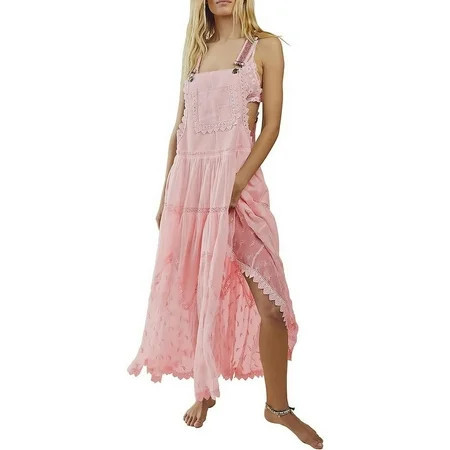 Chouyatou Women s Laced Embroidered Tulle Bib Dress Casual Loose Adjustable Straps Maxi Dress(Pink S) | Walmart (US)