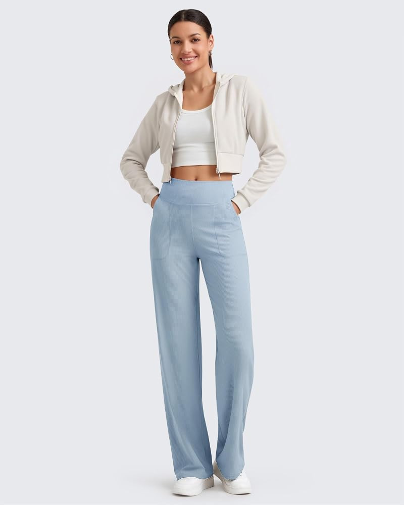 G4Free Ribbed Knit Wide Leg Pants Women with Pockets Lightweight Stretchy Yoga Pants Casual Trave... | Amazon (US)
