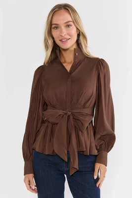 Brown Tie Waist Stand Collar Top | Avara