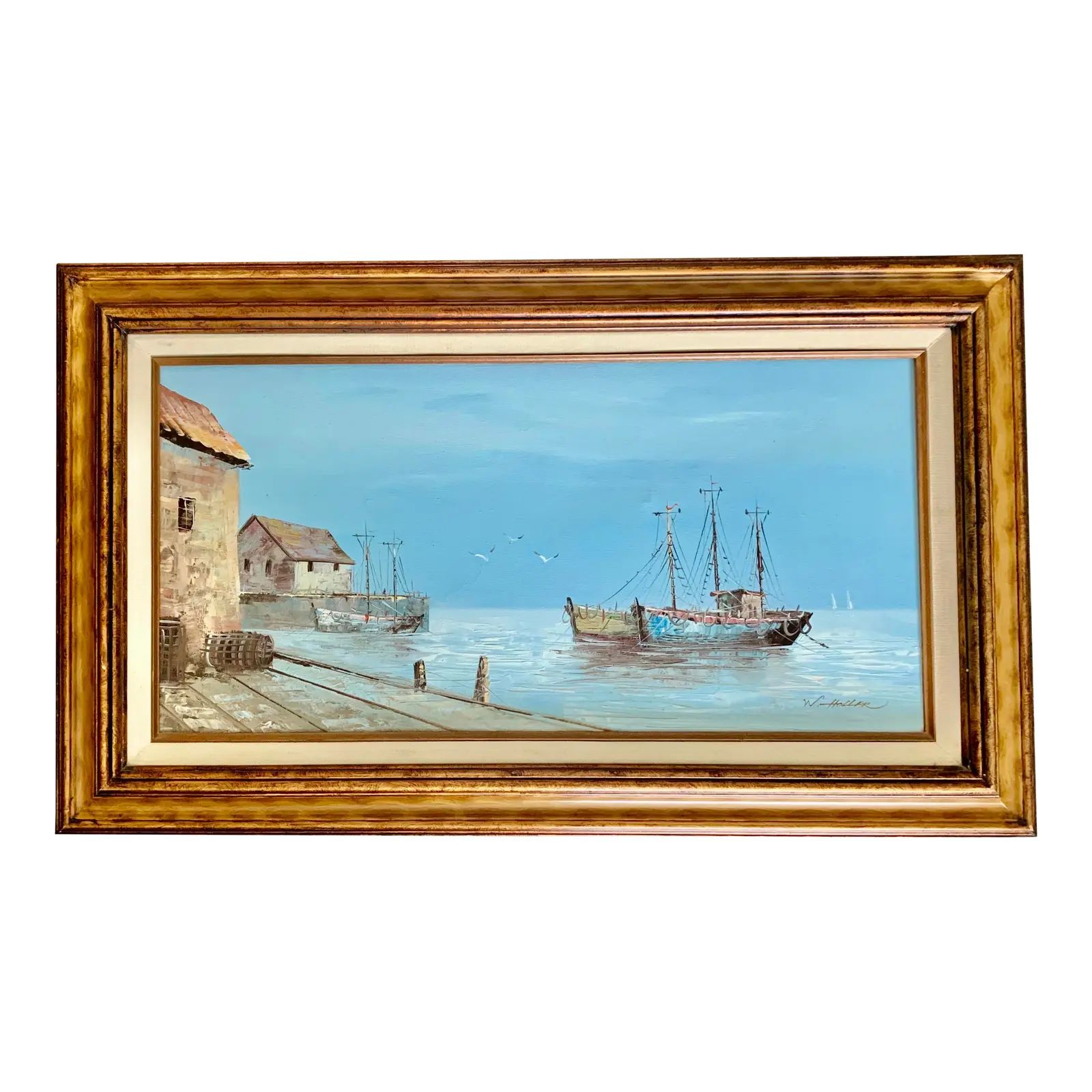 Vintage Mid Century Nautical Sailboats Harbor Scene Acrylic Painting, Signed Original | Chairish