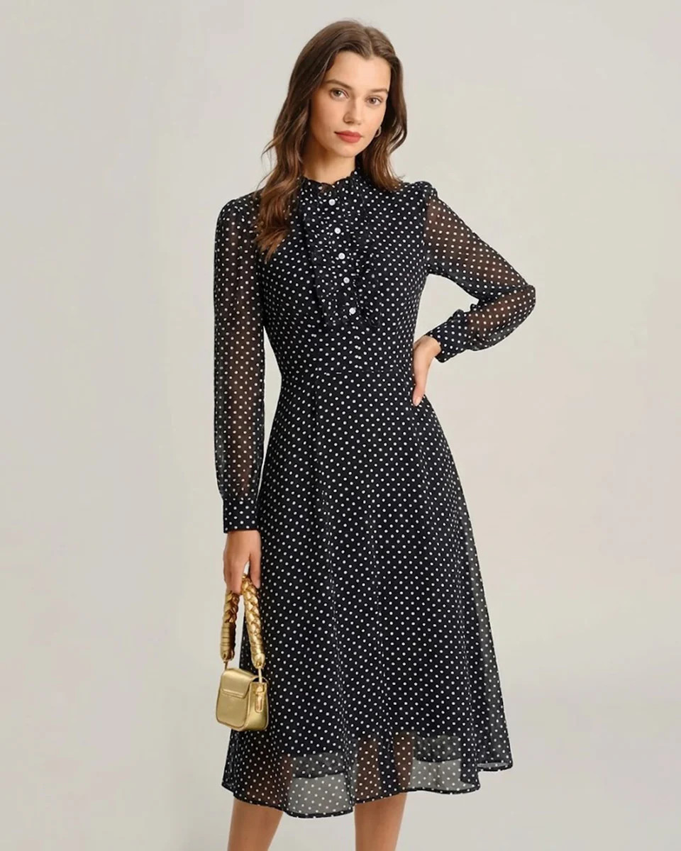 Black Polka Dot Mock Neck Midi Dress & Reviews - Black - Dresses | RIHOAS | rihoas.com