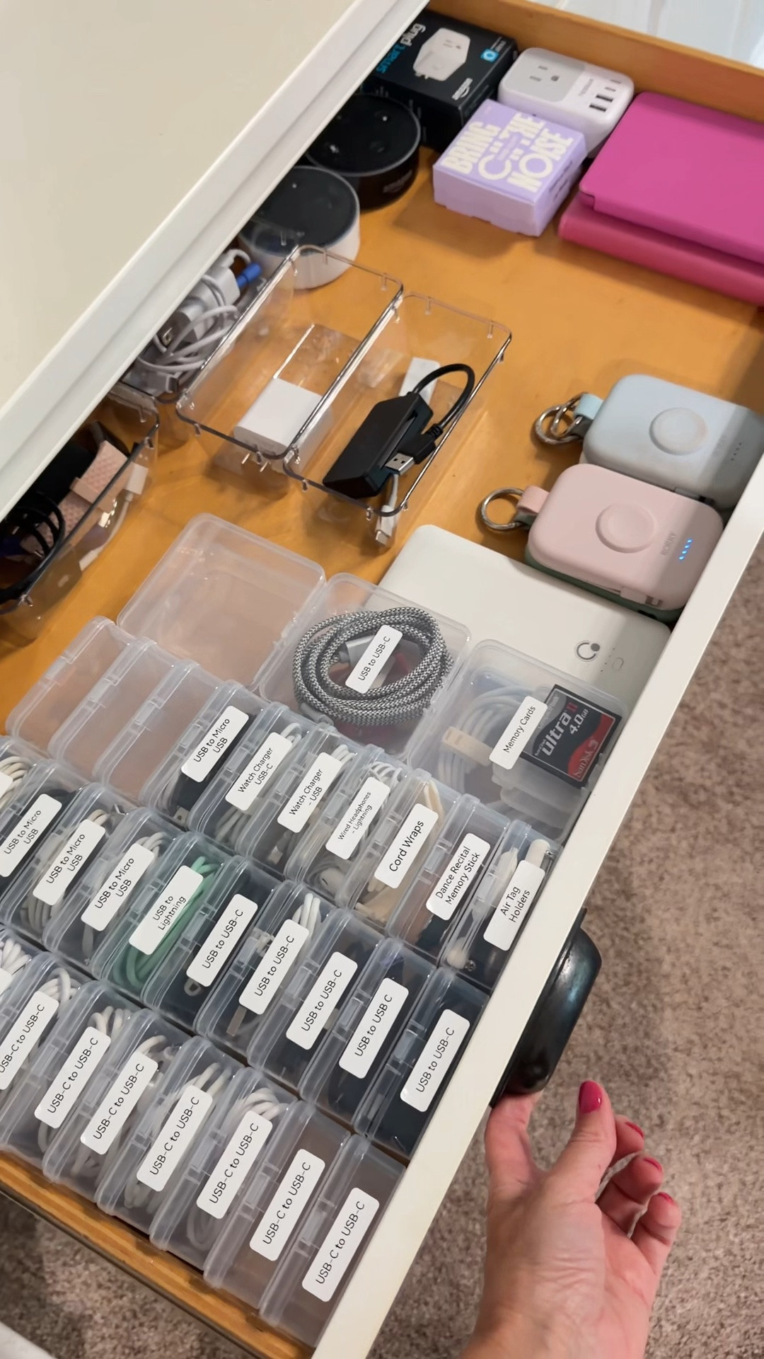 The cord drawer chaos is officially over and I am never going back 🙌 I grabbed these small acrylic cases from Amazon, used my label maker to label each one, and the difference is unreal. Every cord, charger, and cable has a home now and I can actually find what I need without losing my mind. This is the kind of organization win that makes me irrationally happy.

#LTKHome #LTKSeasonal #LTKSaleAlert