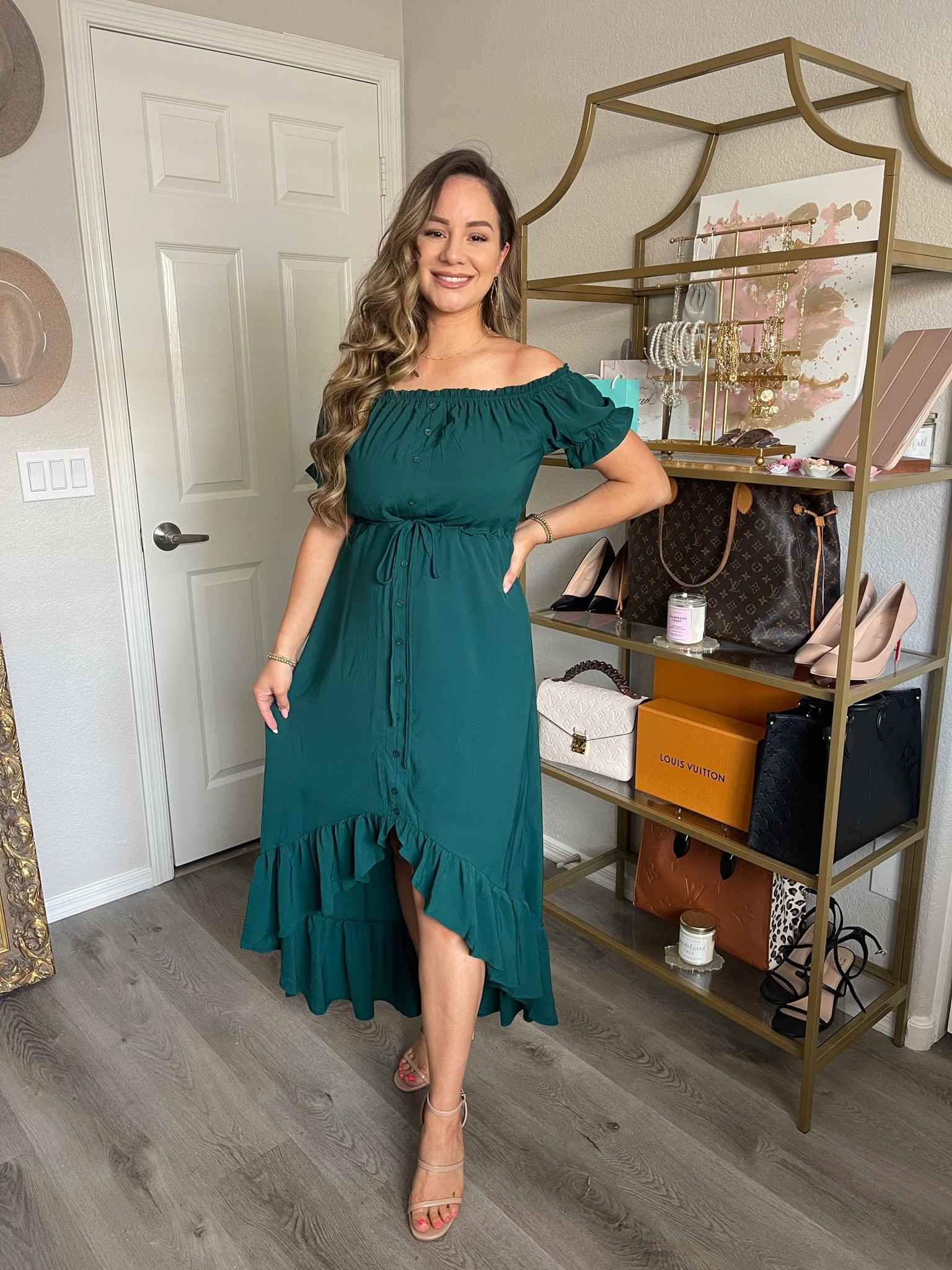 Amazon Dress (wearing small), DSW Nude Heels (tts/beige), off shoulder dress, spring outfit, spring dress, summer outfit, summer dress, midi dress, hight low dress, comfy dress, casual dress, cute dress, dress outfit, bump friendly, Amazon fashion #dress 

#LTKunder50 #LTKshoecrush #LTKSeasonal
