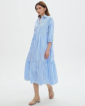 EZAPINE Womens Babydoll Striped Shirt Midi Dress Puff Long Sleeve Collared Button Tunic Flowy Swi... | Amazon (US)