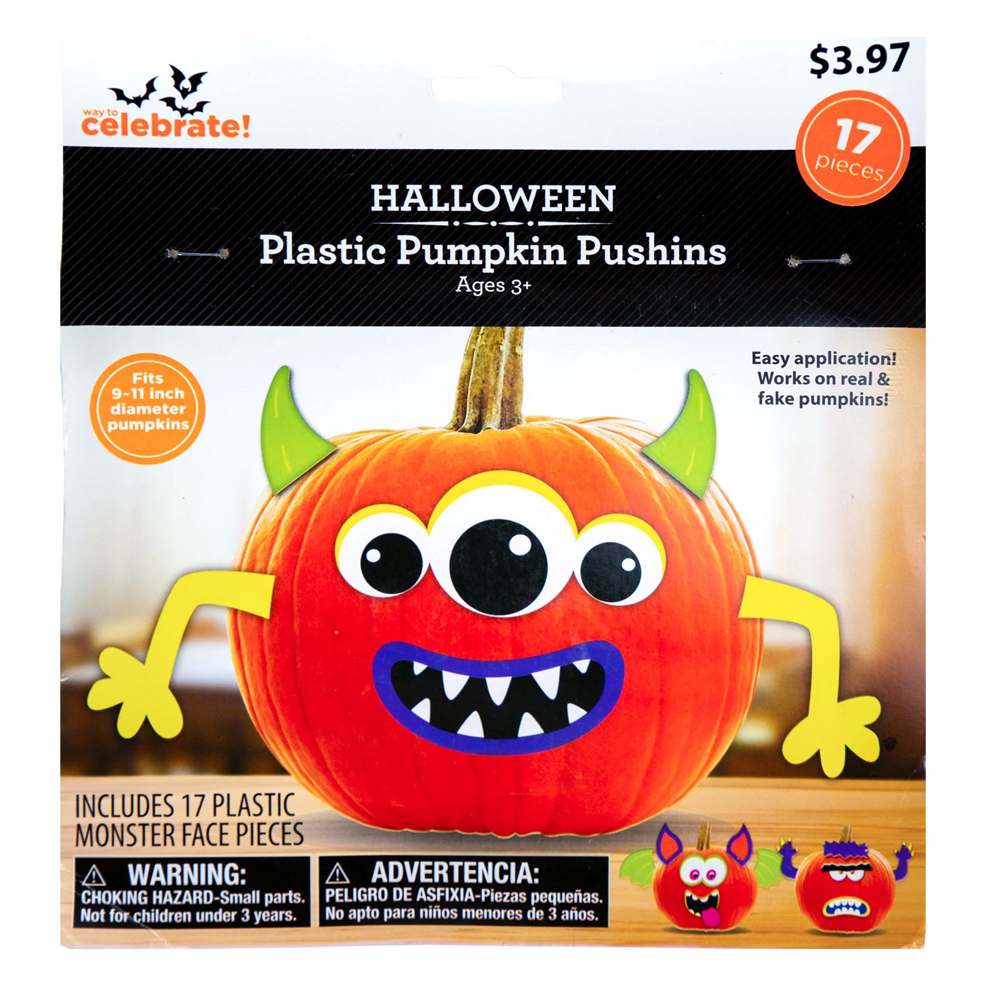 Way To Celebrate Halloween Plastic Pumpkin Pushins, Monster | Walmart (US)