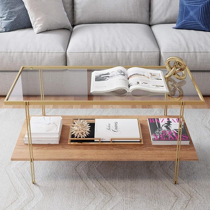 Nathan James Asher Mid-Century Rectangle Coffee Table Glass Top and Rustic Oak Storage Shelf with... | Amazon (US)