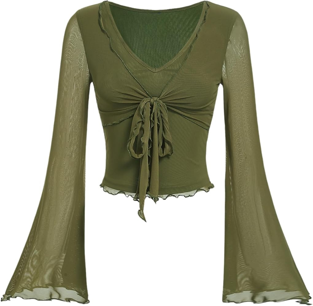 Verdusa Women's Knot Front Flare Bell Long Sleeve Lettuce Trim V Neck Mesh Crop Tee Top | Amazon (US)
