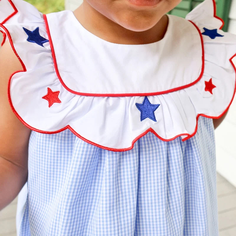 Embroidered Stars Red gingham Scalloped Bib Dress | Classic Whimsy
