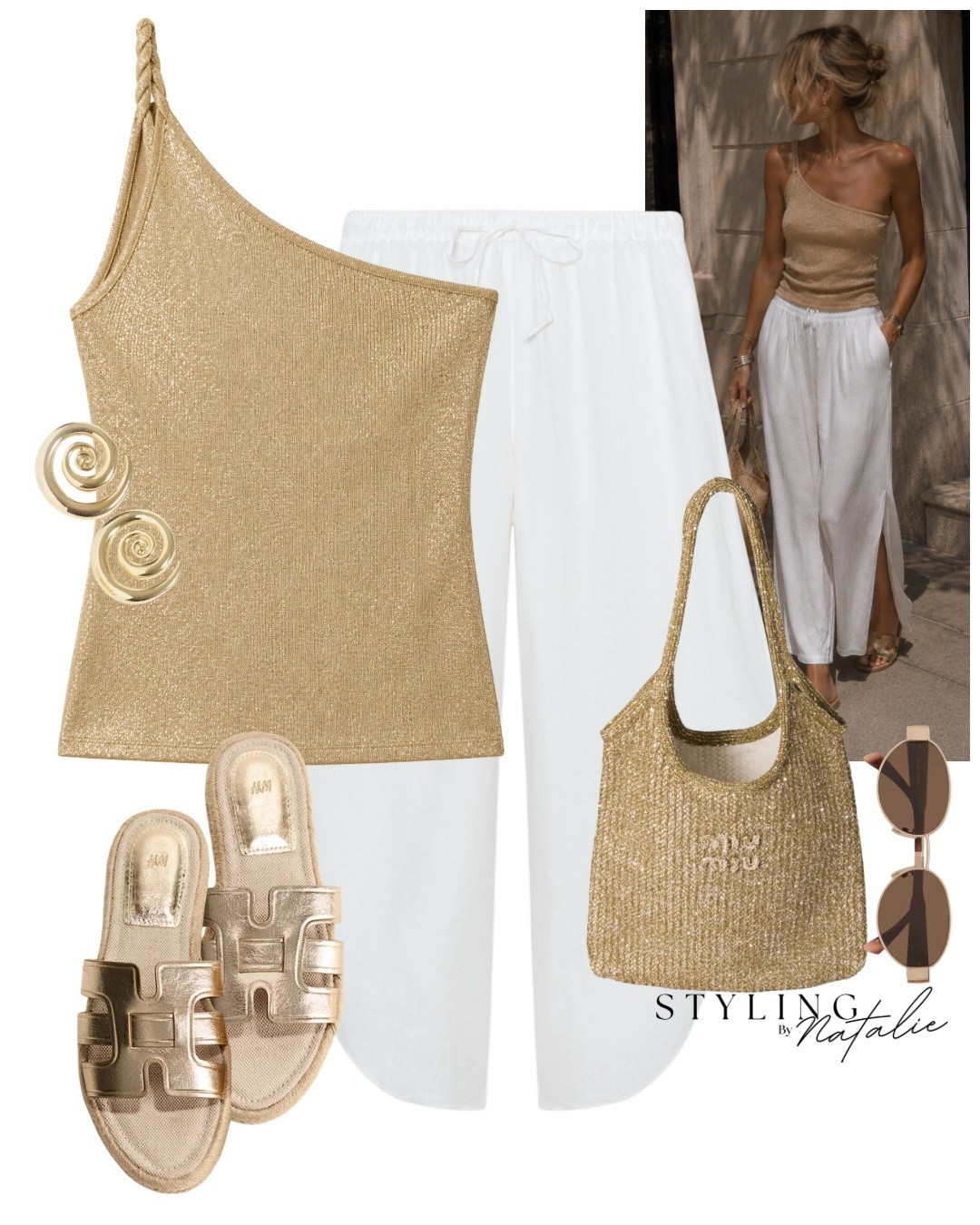 Metallic moment ✨✨✨ heatwave style, linen flowy trousers with splits, gold espadrille
Sandals, shimmery gold one shoulder vest and sparkly Miu Miu tote. Gold outfit holiday outfit, vacation style, summer look, summer date night, Zara, mango

#LTKsummer #LTKdatenight #LTKuk