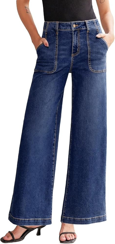 Sidefeel Womens Wide Leg Jeans High Waisted Stretchy Straight Leg Baggy Denim Pants with Pockets | Amazon (US)