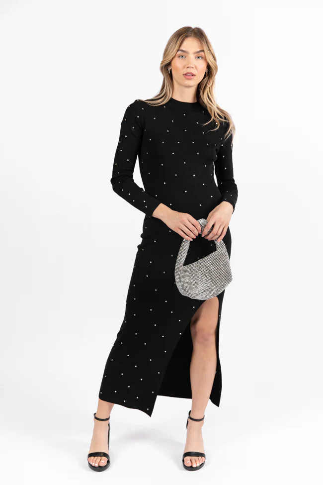 The Art Of Happiness Black Embellished Detail Knit Maxi Dress | Pink Lily