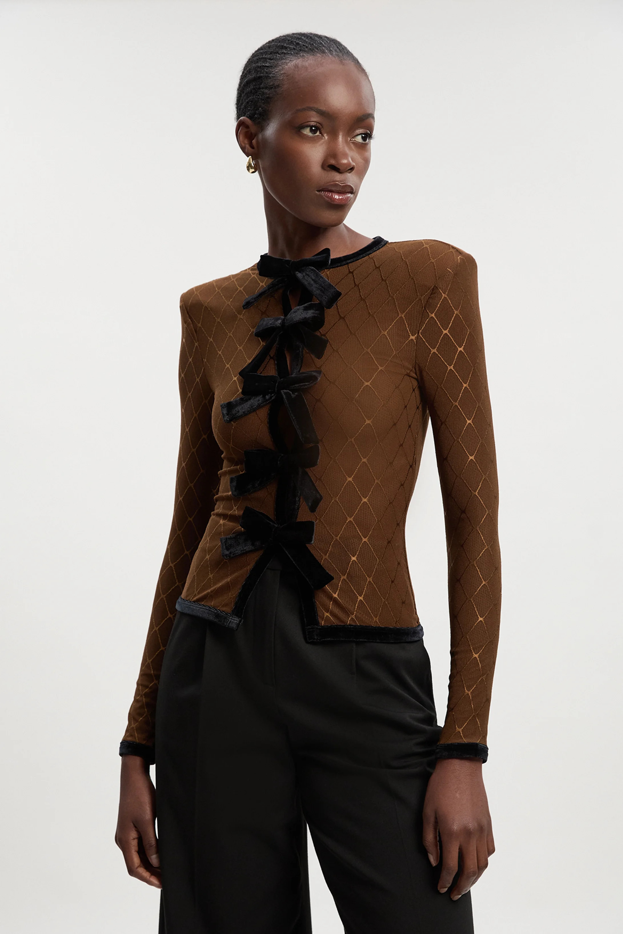 Mesh With Velvet Bow Trim Detail Crew Neck Long Sleeve Top | Karen Millen UK + IE + DE + NL