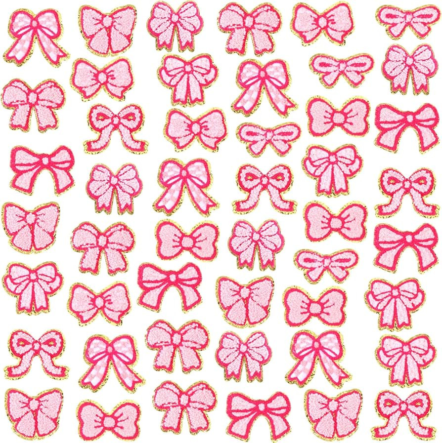 VioraWhite 48 Pcs Christmas Pink Bow Iron on Patches Coquette Chenille Patches Gold Edges Bow Sew... | Amazon (US)