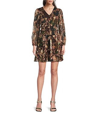 Eliza J Balloon Sleeve V-Neck Smocked Fit Flare Mini Dress - 10 | Dillard's