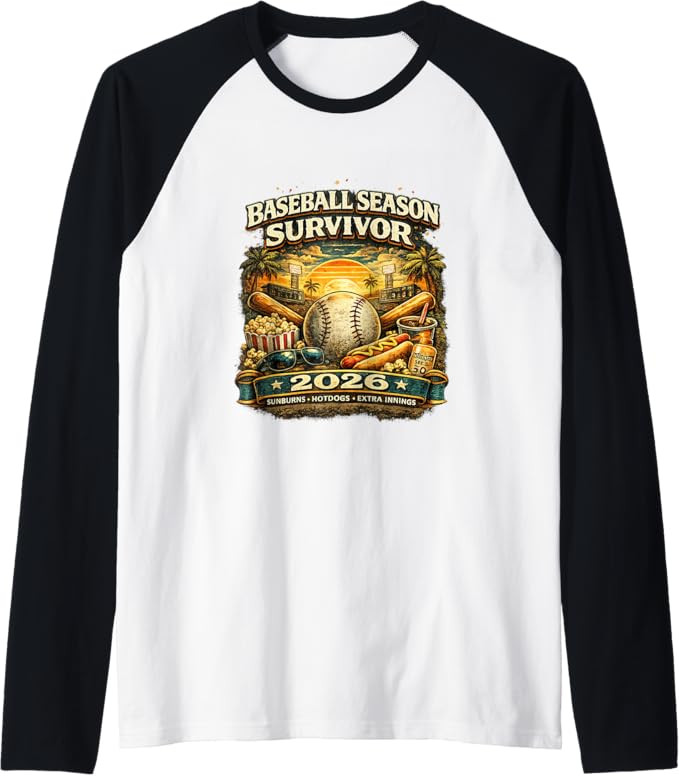 Baseball Season Survivor 2026 Funny Fan Vintage Sunset Raglan Baseball Tee | Amazon (US)