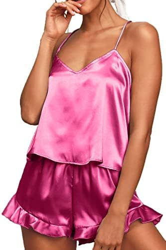 CHYRII Women's Sexy Silk Satin Ruffled Pajamas Sets Cami Shorts Sets Sleepwear | Amazon (US)