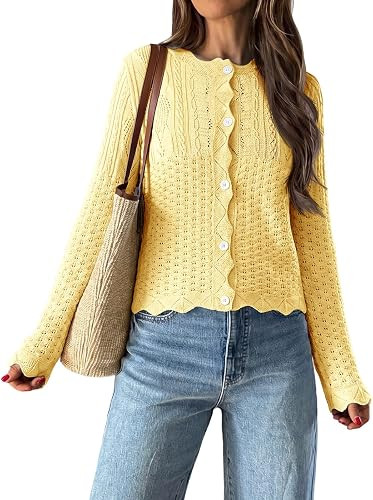 Saodimallsu Womens Crochet Cardigans 100% Cotton Lightweight Knit Button Up Long Sleeve Crewneck ... | Amazon (US)