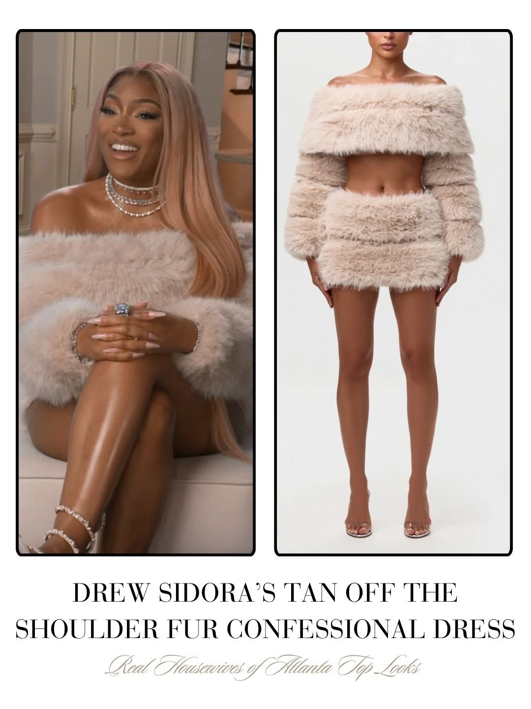 Drew Sidora’s Tan Off The Shoulder Fur Confessional Dress 