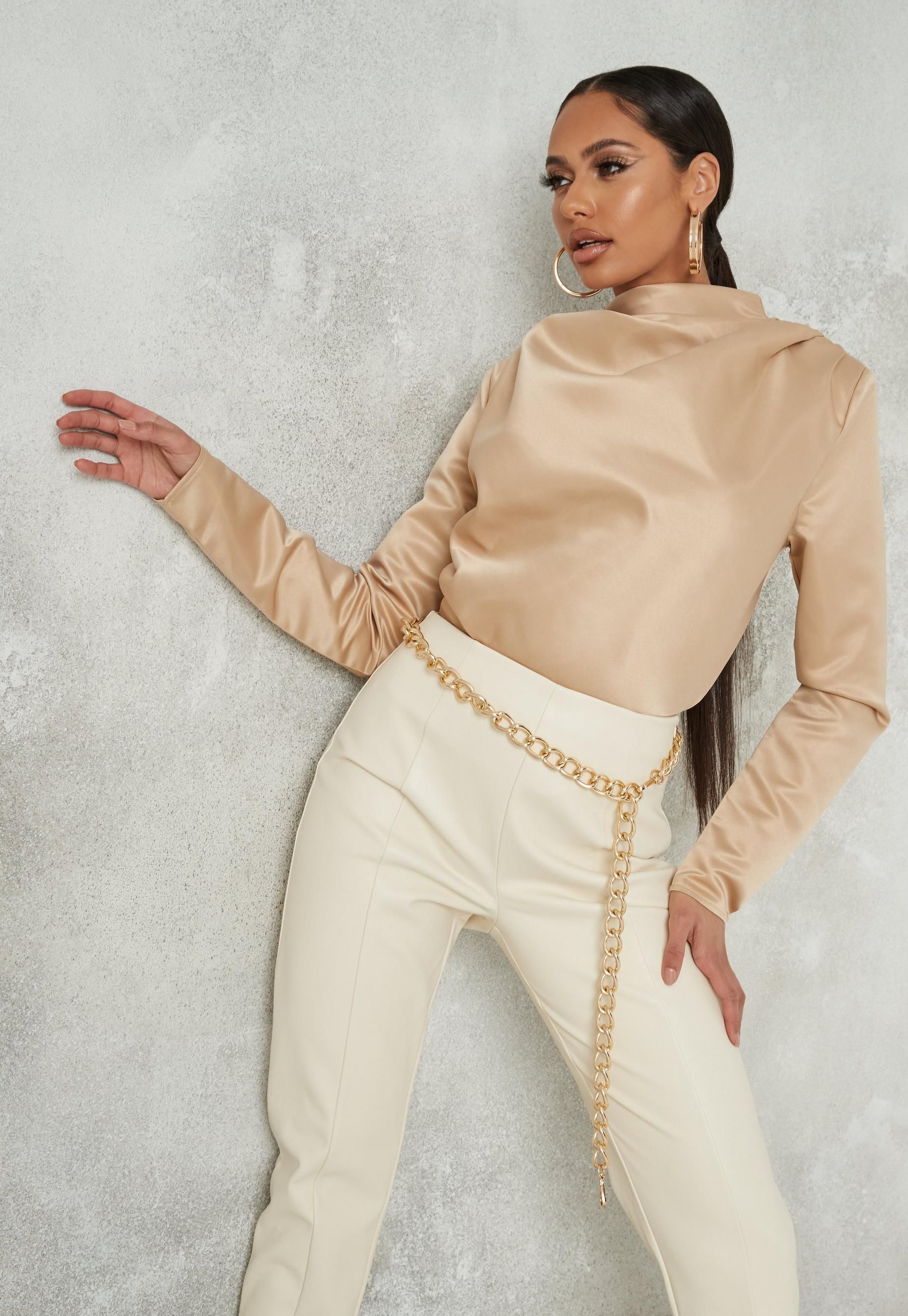 Missguided - Taupe Satin Drape Neck Shoulder Pad Blouse | Missguided (US & CA)