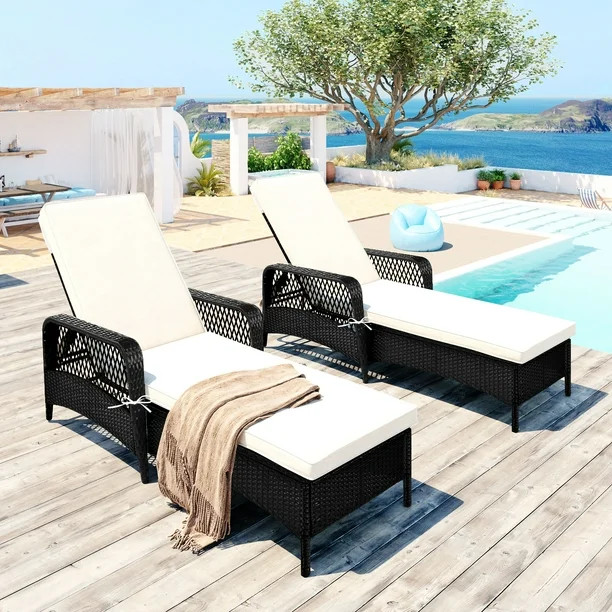 2PCS Patio Chaise Lounge Chair, Outdoor PE Rattan Chaise Lounge, Sun Chaise Lounge with Removable... | Walmart (US)