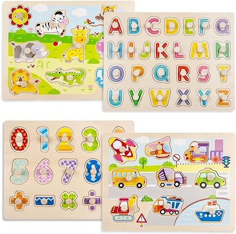 Wooden Toddler Puzzles, Peg Puzzles for Kids Ages 2-4, Number Animal Vehicle Alphabet Puzzles wit... | Amazon (US)