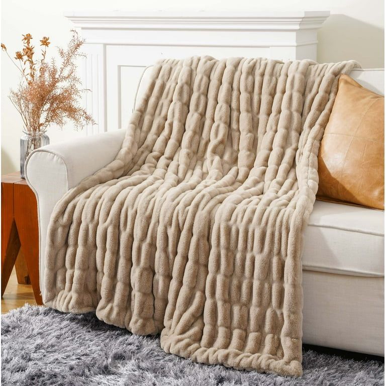 Battilo Fuzzy Faux Fur Throw Blanket, Soft Warm Reversible Rabbit Fur Blanket for Bed Couch, Tan ... | Walmart (US)