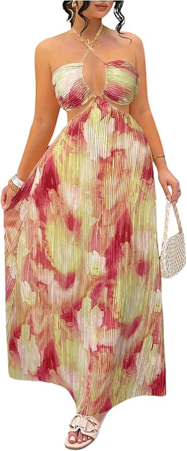 OYOANGLE Women's Tie Dye Sleeveless Criss Cross Halter Maxi Dress Pleated Backless Boho Beach Vac... | Amazon (US)