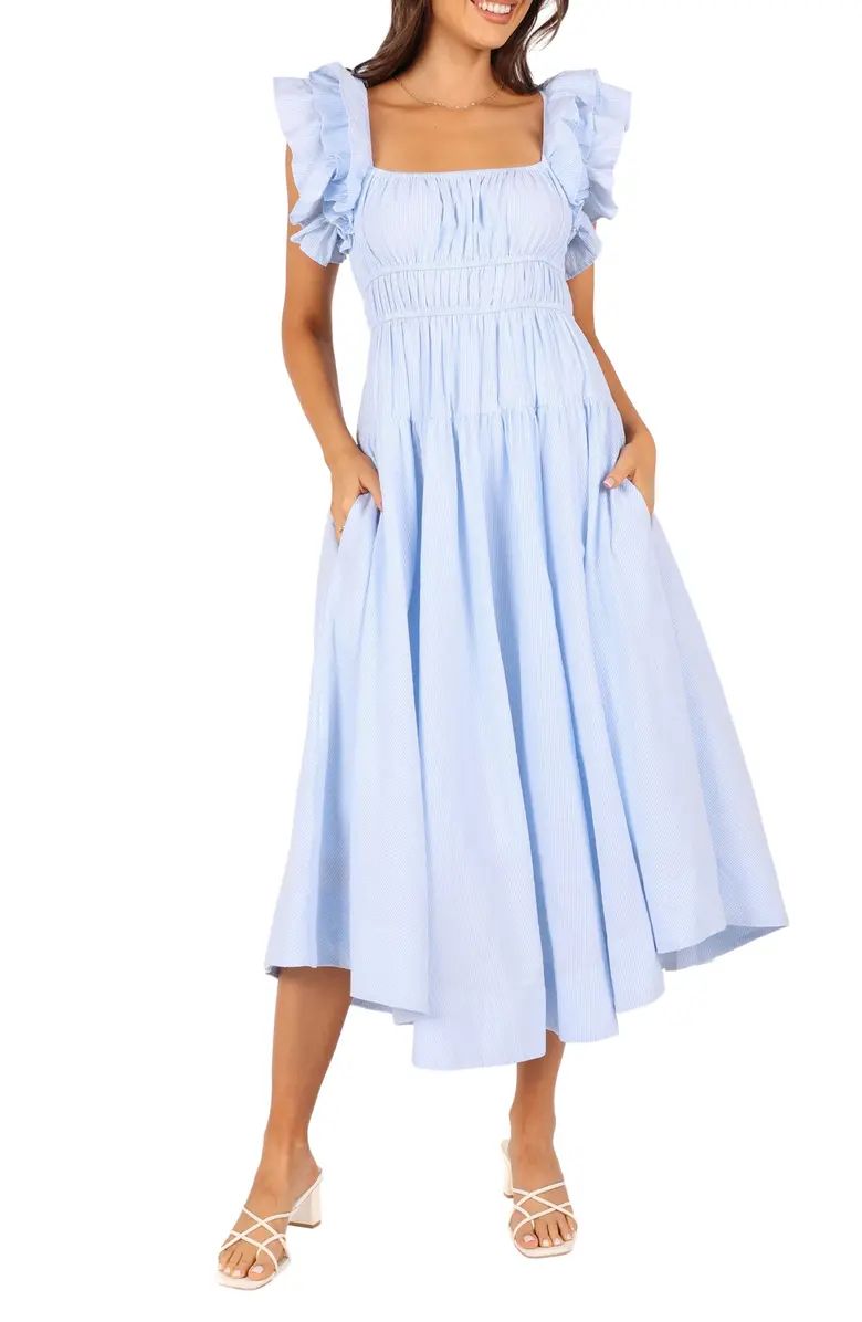 Linda Stripe Ruffle Sleeve Cotton Midi Dress | Nordstrom