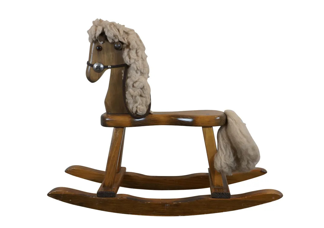 Vintage Childs Oak Wood Folk Art Rocking Horse Toy w Fiber Mane 29" | Etsy (US)