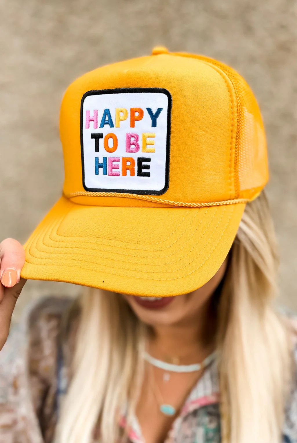 Happy To Be Here Trucker - Gold | Tucker Brown