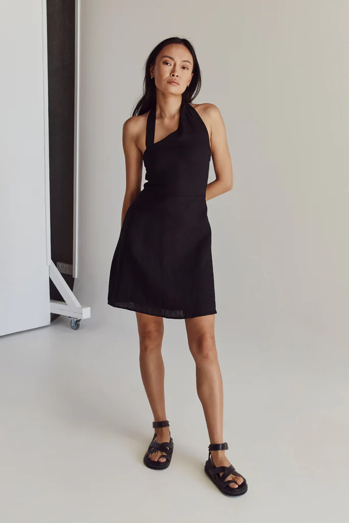 ZOEY BLACK ASYM LINEN MINI DRESS | DISSH