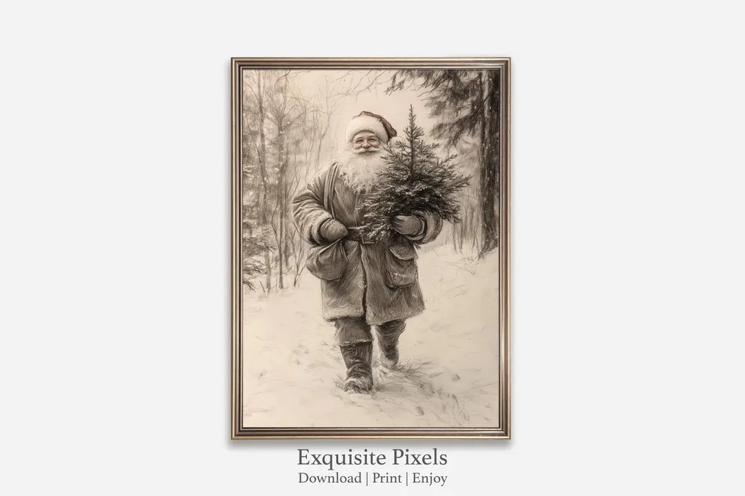 Santa Claus Carrying Christmas Tree | Vintage Holiday Sketch Art Print | Nostalgic Winter Scene |... | Etsy (US)