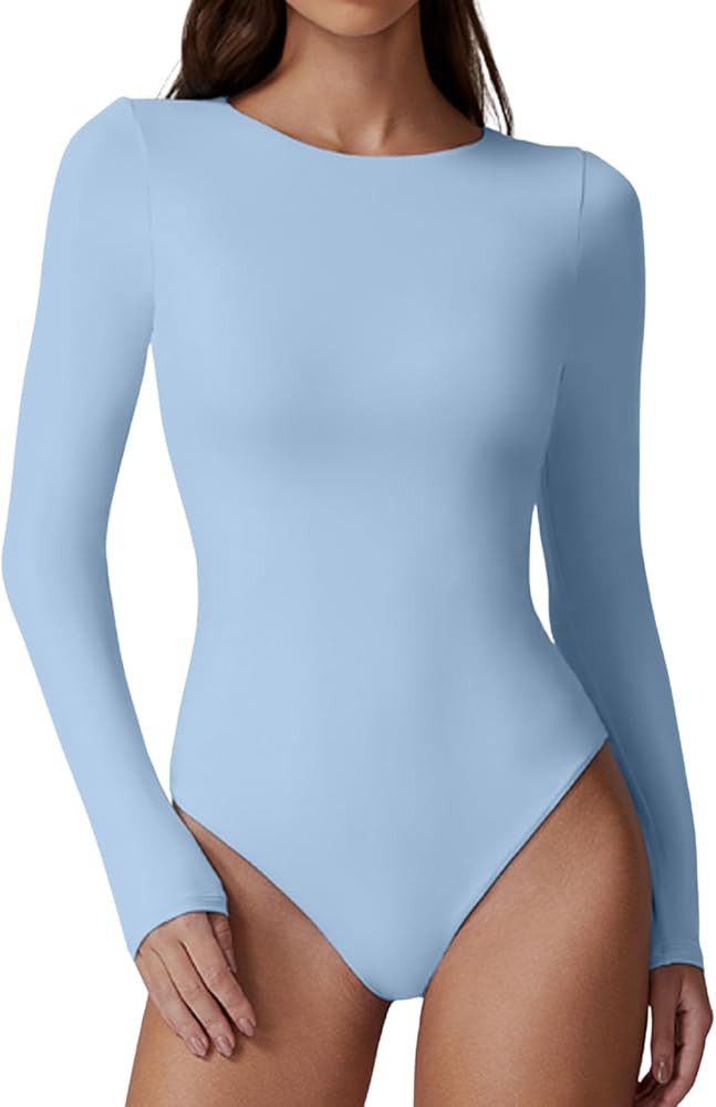 QINSEN Womens Crew Neck Long Sleeve Bodysuit Double Lined Body Suits Basic T-Shirt Tops | Amazon (US)